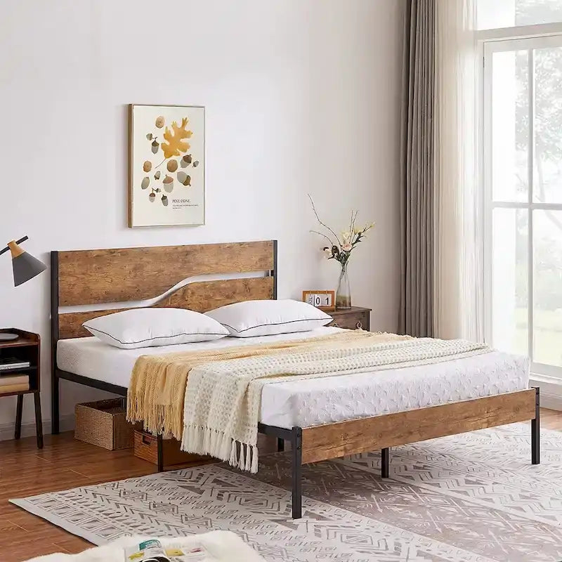 Javlergo Metal Platform Bed Frame with Wooden Headboard and Footboard, Industrial Metal Bedframe No Box Spring Needed
