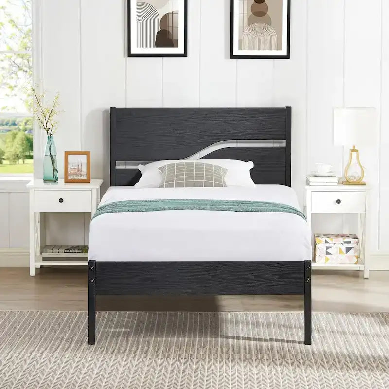 Javlergo Metal Platform Bed Frame with Wooden Headboard and Footboard, Industrial Metal Bedframe No Box Spring Needed