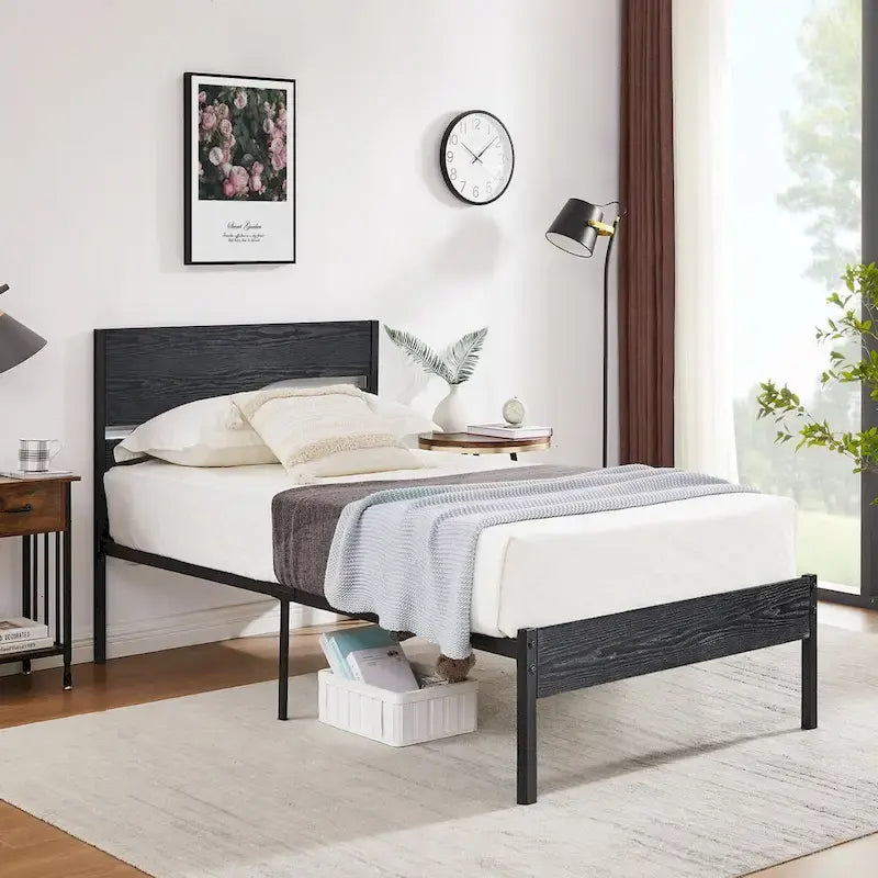 Javlergo Metal Platform Bed Frame with Wooden Headboard and Footboard, Industrial Metal Bedframe No Box Spring Needed
