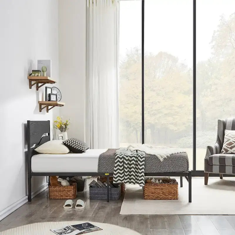 Javlergo Metal Platform Bed Frame with Wooden Headboard and Footboard, Industrial Metal Bedframe No Box Spring Needed