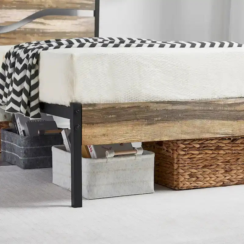 Javlergo Metal Platform Bed Frame with Wooden Headboard and Footboard, Industrial Metal Bedframe No Box Spring Needed