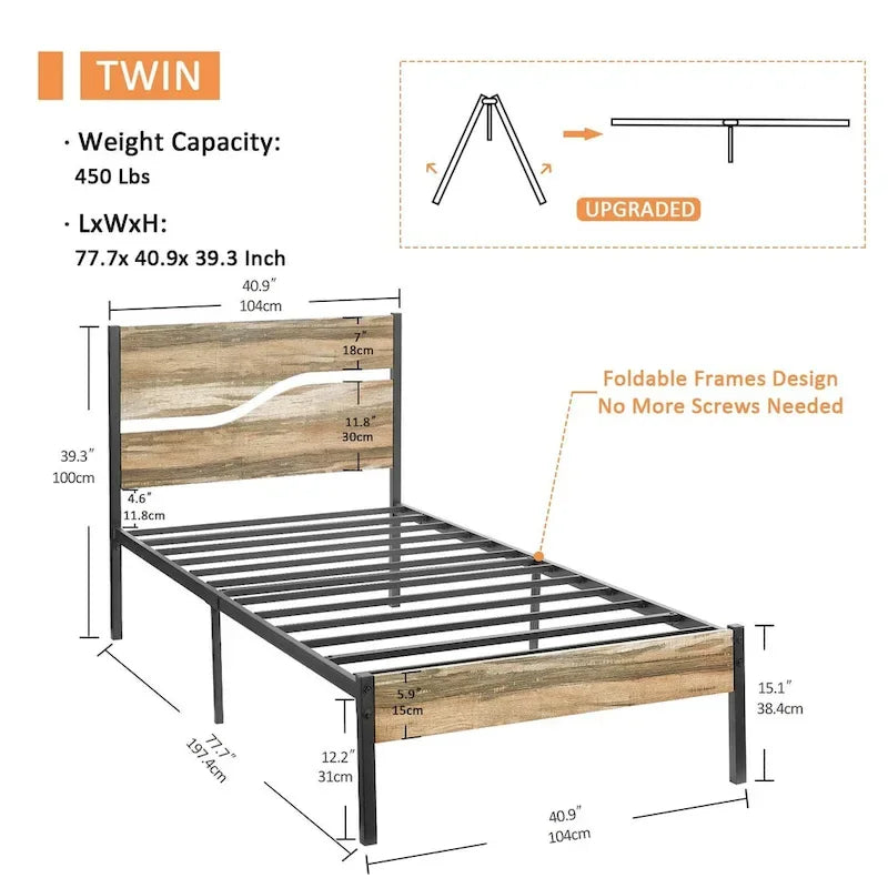 Javlergo Metal Platform Bed Frame with Wooden Headboard and Footboard, Industrial Metal Bedframe No Box Spring Needed