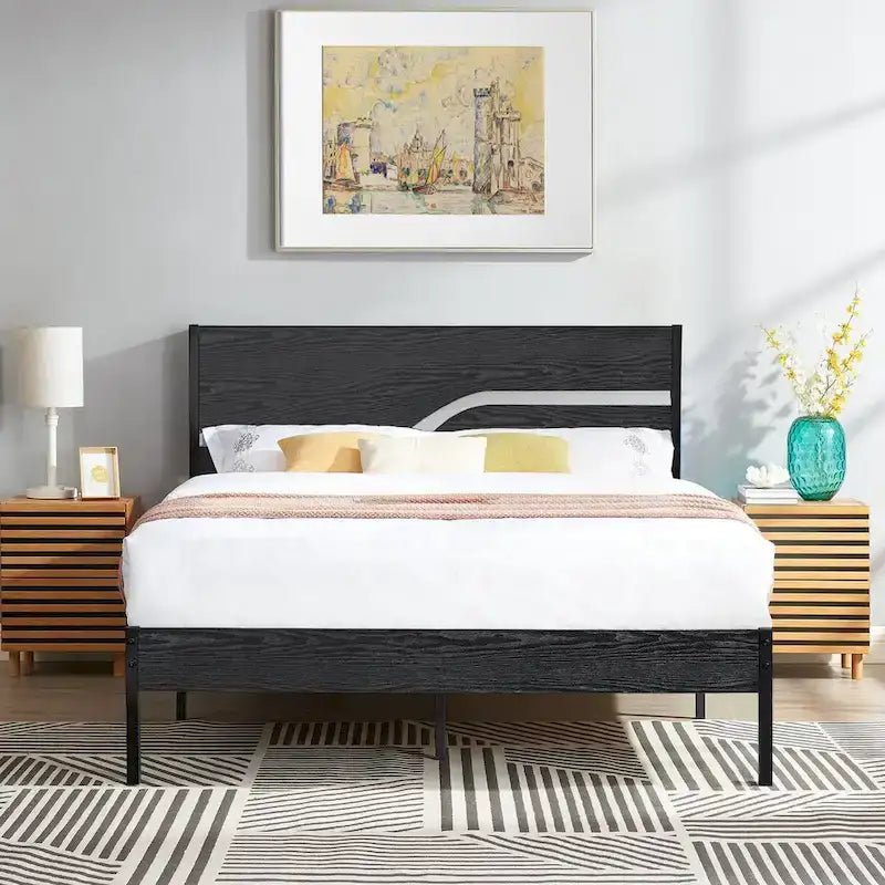 Javlergo Metal Platform Bed Frame with Wooden Headboard and Footboard, Industrial Metal Bedframe No Box Spring Needed