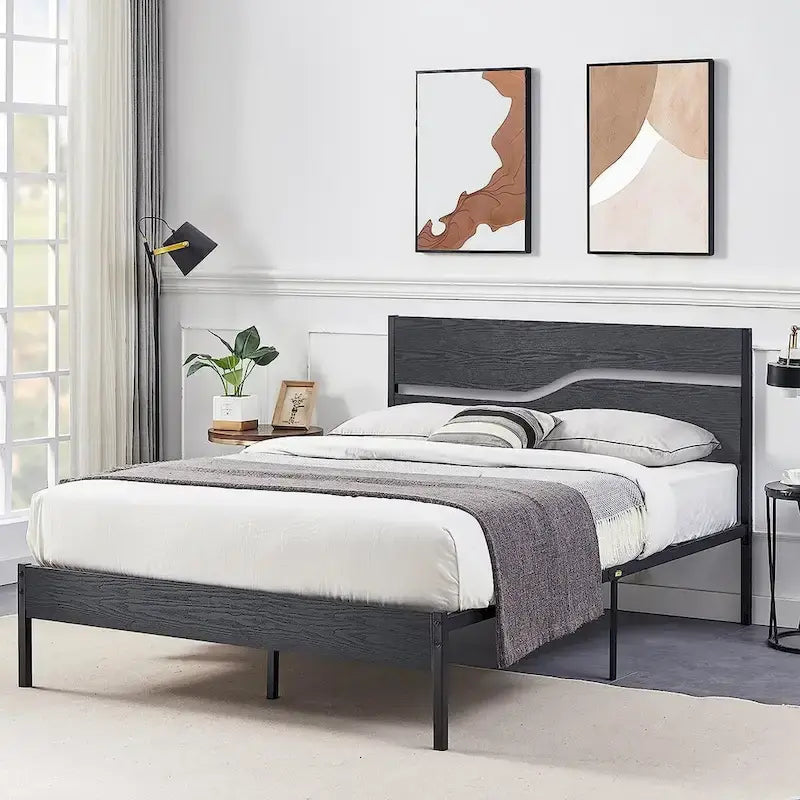 Javlergo Metal Platform Bed Frame with Wooden Headboard and Footboard, Industrial Metal Bedframe No Box Spring Needed