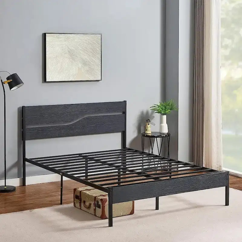 Javlergo Metal Platform Bed Frame with Wooden Headboard and Footboard, Industrial Metal Bedframe No Box Spring Needed