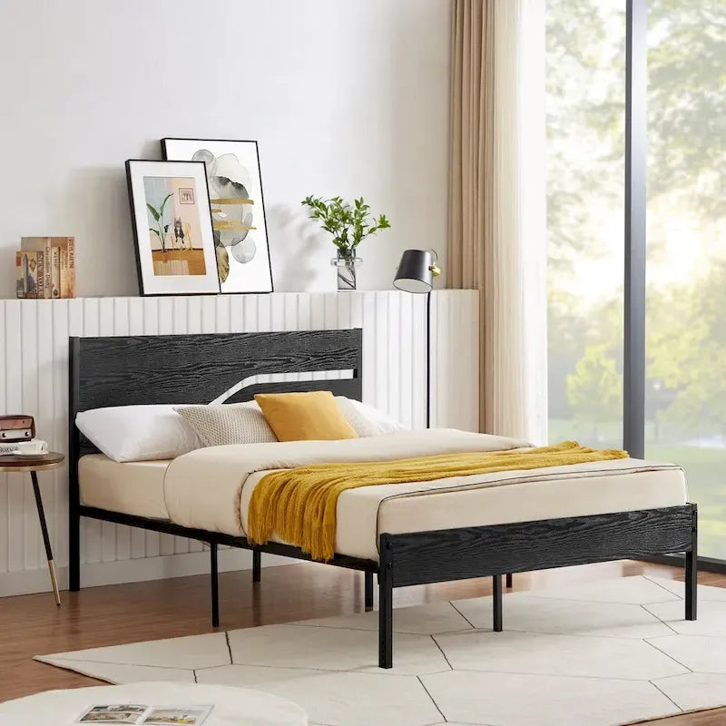 Javlergo Metal Platform Bed Frame with Wooden Headboard and Footboard, Industrial Metal Bedframe No Box Spring Needed