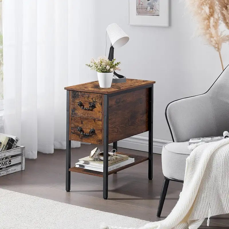Industrial 2-Drawer Nightstand Narrow End Side Table (Set of 2)