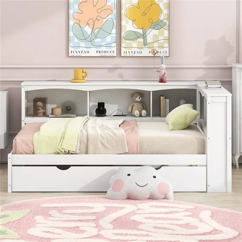 Twin Size Daybed with Trundle, Storage Cabinets and USB Ports