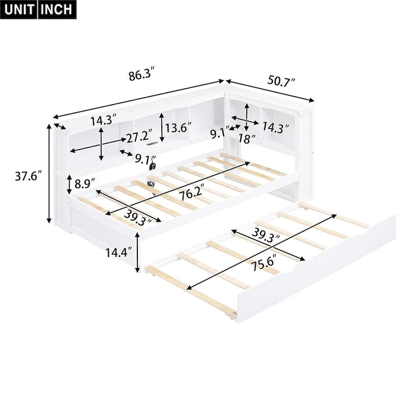 Twin Size Daybed with Trundle, Storage Cabinets and USB Ports