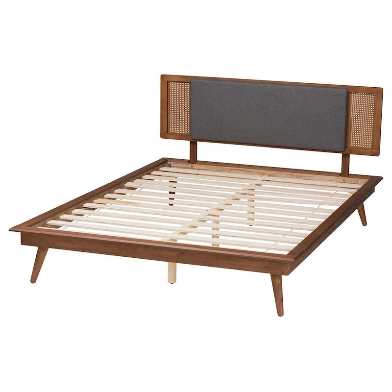 Delfina Mid-Century Modern Dark Grey Fabric and Walnut Brown Finished Wood Platform Bed