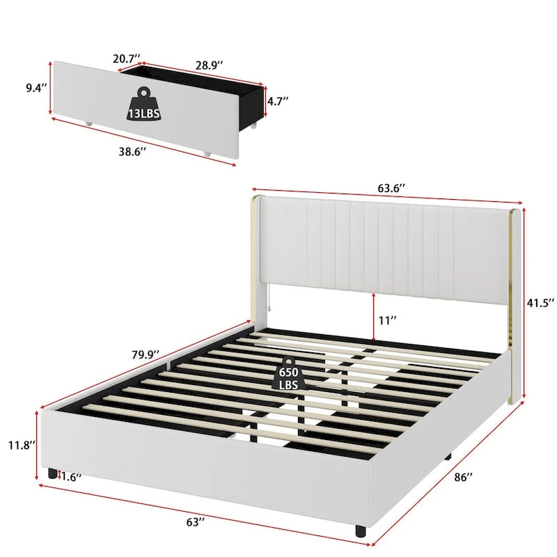 LED Platform Bed with Storage Drawer - Contemporary Bedroom Furniture