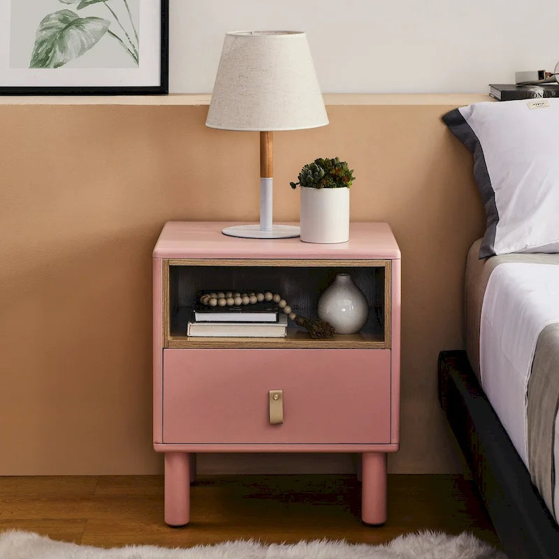 Modern 1-Drawer Wood Nightstand Small Side Table with Open Shelf Leather Handles Nordic Bedside Table