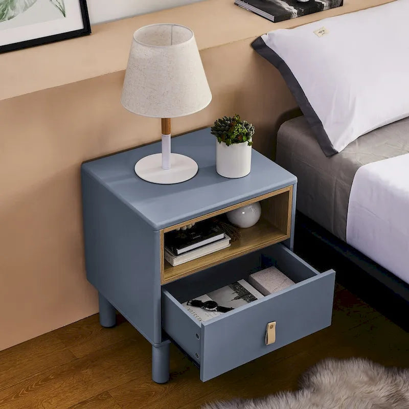 Modern 1-Drawer Wood Nightstand Small Side Table with Open Shelf Leather Handles Nordic Bedside Table