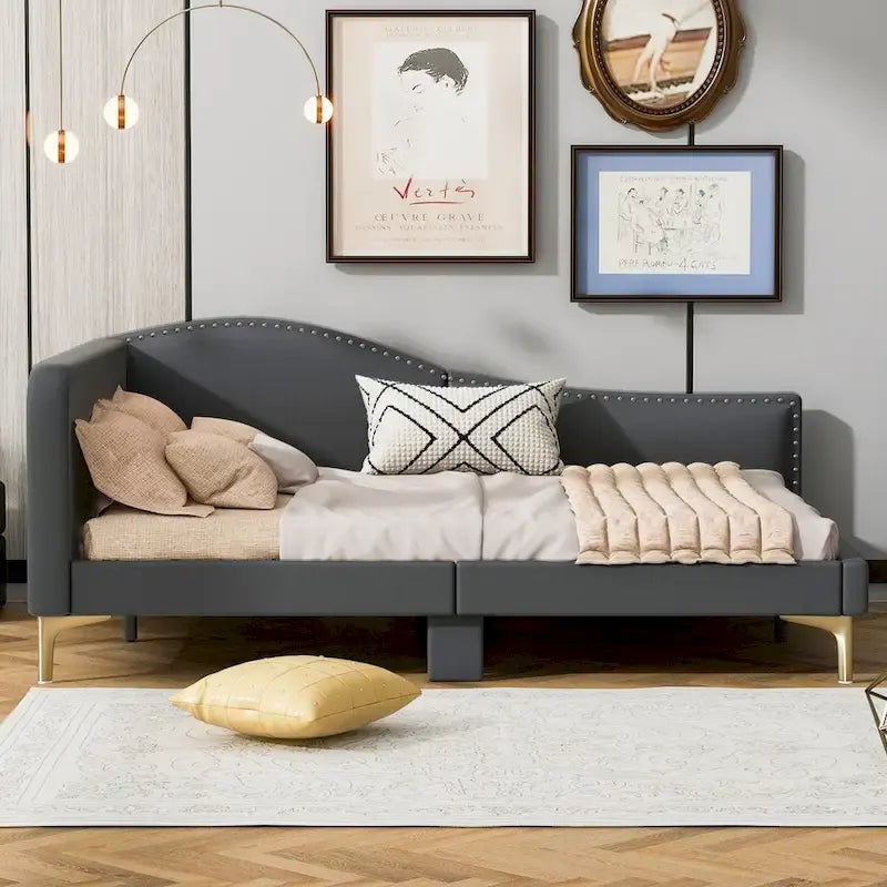 Full/Twin Size Upholstered Daybed with Headboard and Armrest, Support Legs, Full/Twin Size Bed