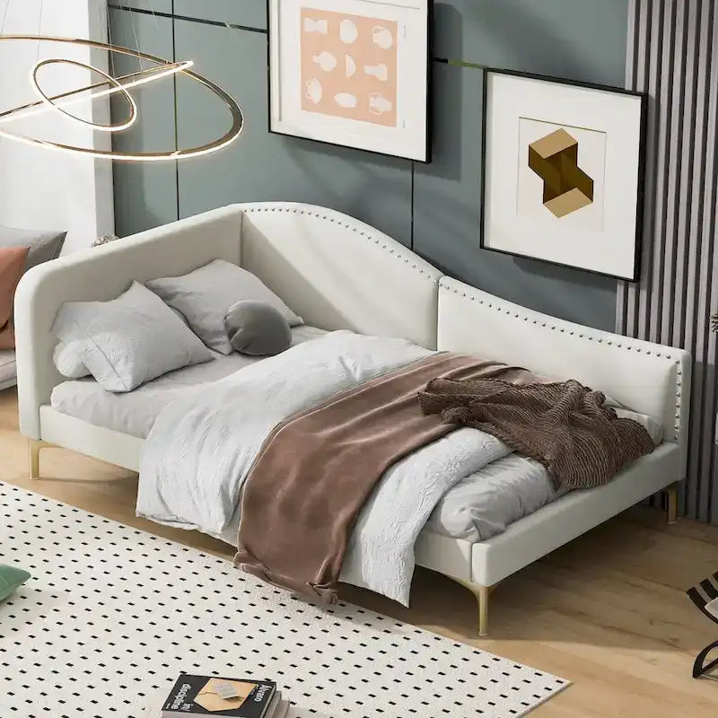 Full/Twin Size Upholstered Daybed with Headboard and Armrest, Support Legs, Full/Twin Size Bed