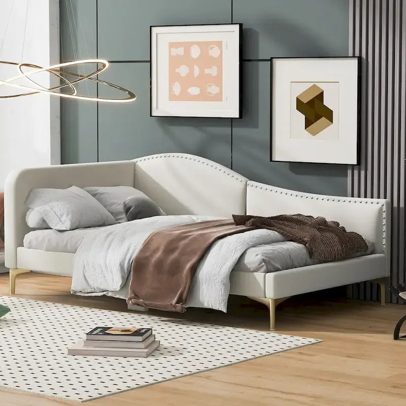 Full/Twin Size Upholstered Daybed with Headboard and Armrest, Support Legs, Full/Twin Size Bed