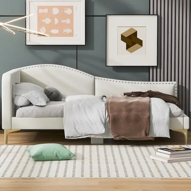 Full/Twin Size Upholstered Daybed with Headboard and Armrest, Support Legs, Full/Twin Size Bed
