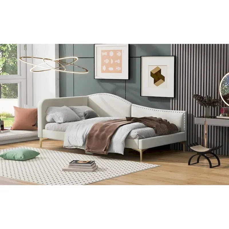 Full/Twin Size Upholstered Daybed with Headboard and Armrest, Support Legs, Full/Twin Size Bed