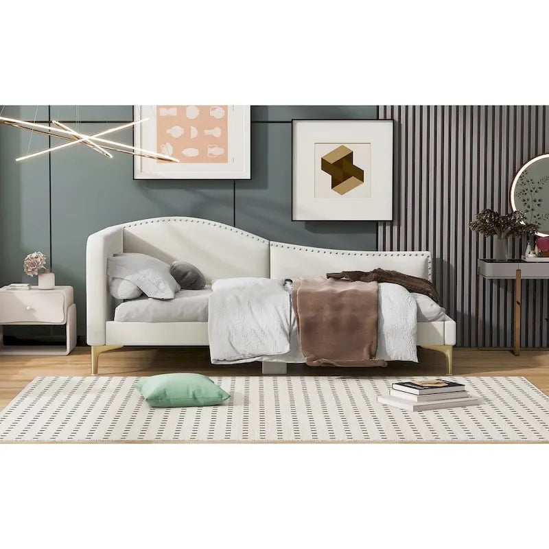 Full/Twin Size Upholstered Daybed with Headboard and Armrest, Support Legs, Full/Twin Size Bed