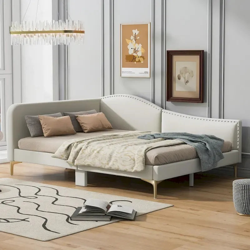 Full/Twin Size Upholstered Daybed with Headboard and Armrest, Support Legs, Full/Twin Size Bed