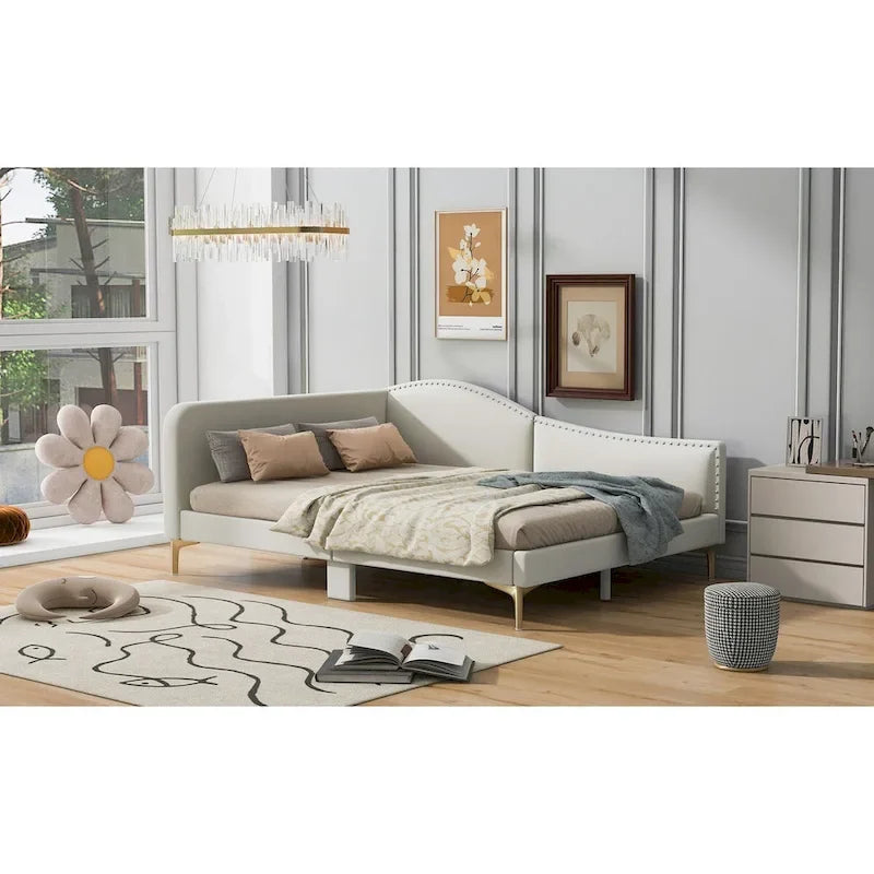 Full/Twin Size Upholstered Daybed with Headboard and Armrest, Support Legs, Full/Twin Size Bed