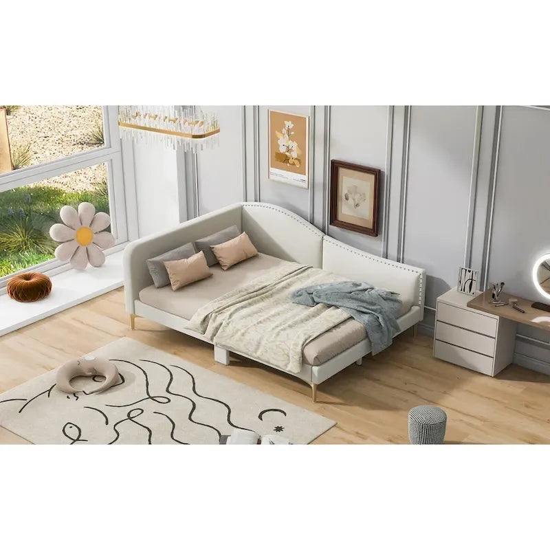 Full/Twin Size Upholstered Daybed with Headboard and Armrest, Support Legs, Full/Twin Size Bed