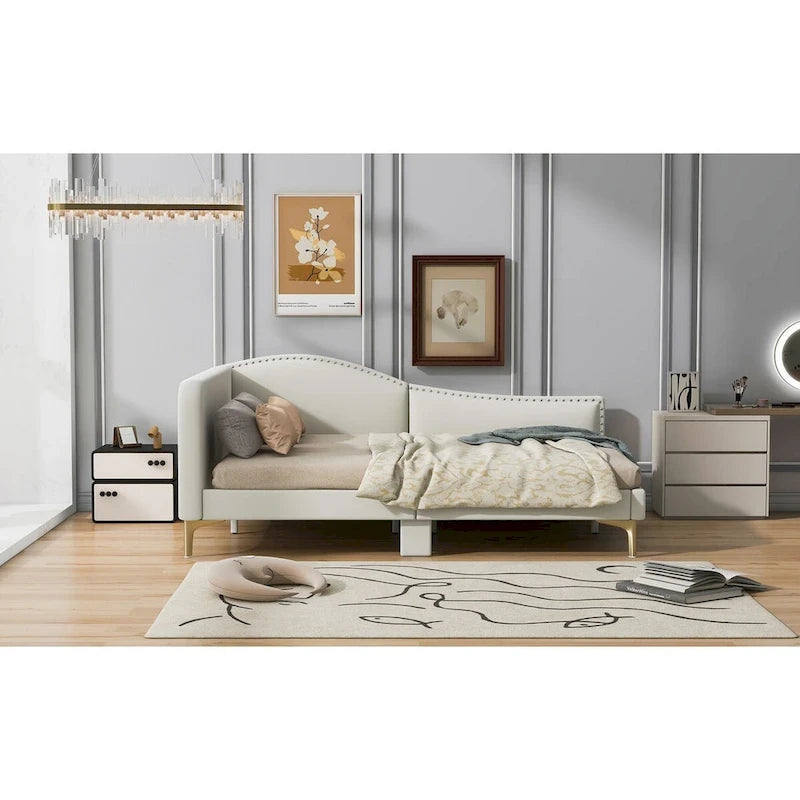 Full/Twin Size Upholstered Daybed with Headboard and Armrest, Support Legs, Full/Twin Size Bed
