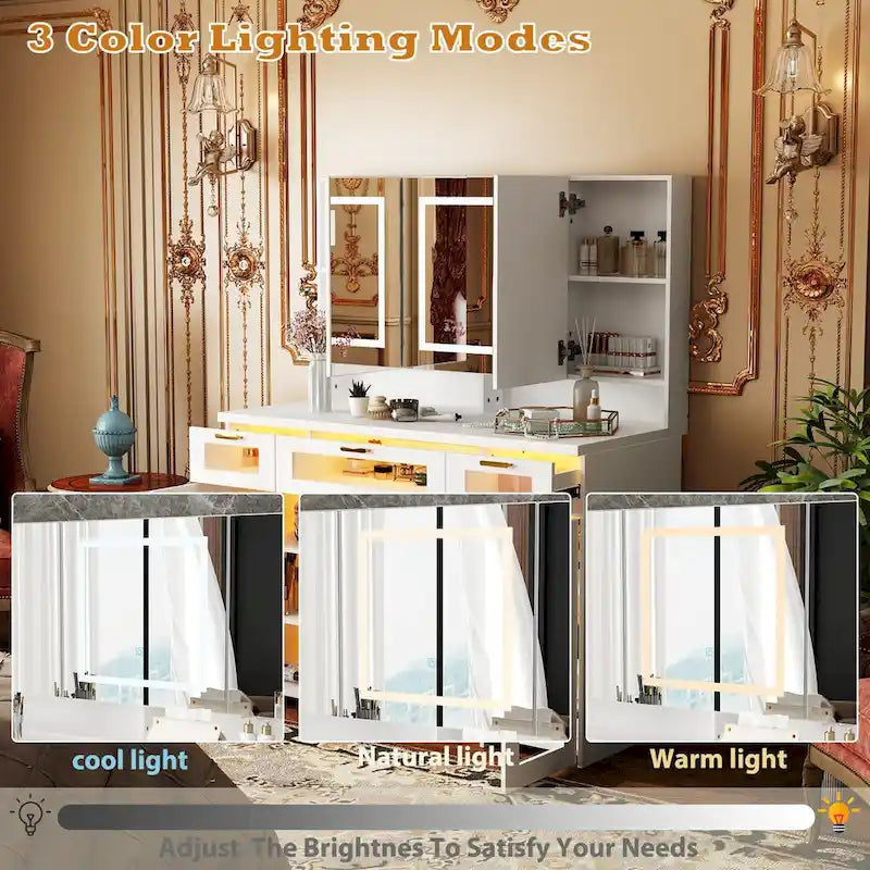 Stylish White Vanity Table with LED Lights, Mirrors, and Storage