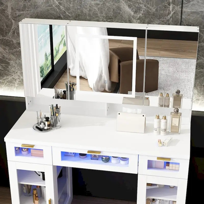 Stylish White Vanity Table with LED Lights, Mirrors, and Storage