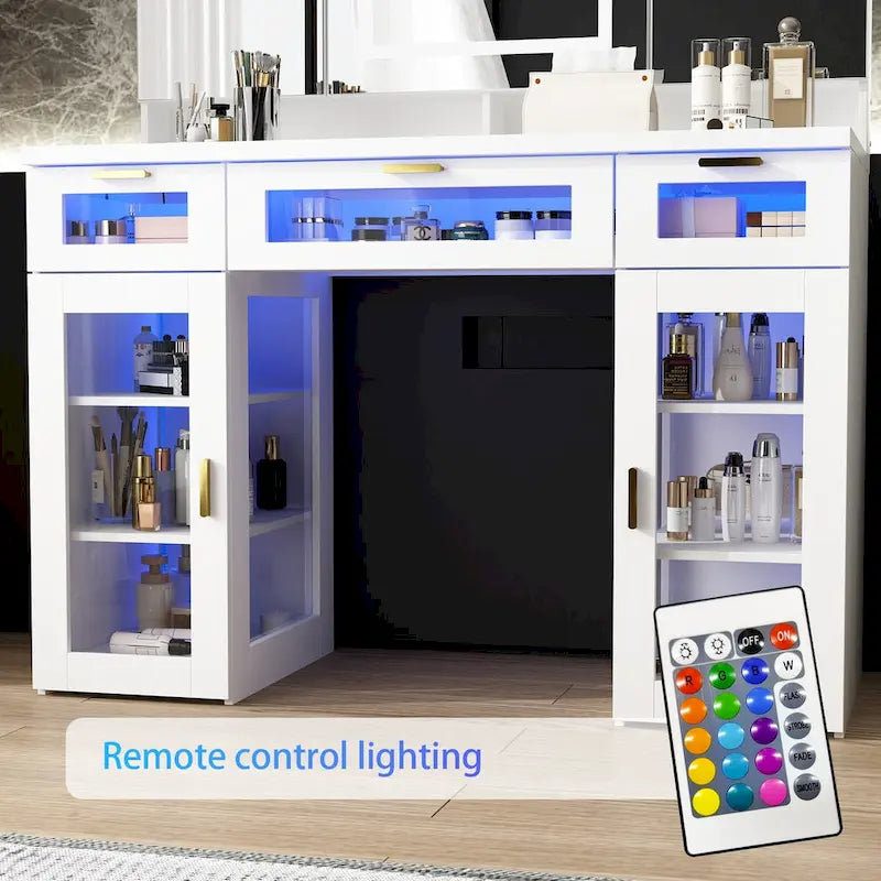 Stylish White Vanity Table with LED Lights, Mirrors, and Storage