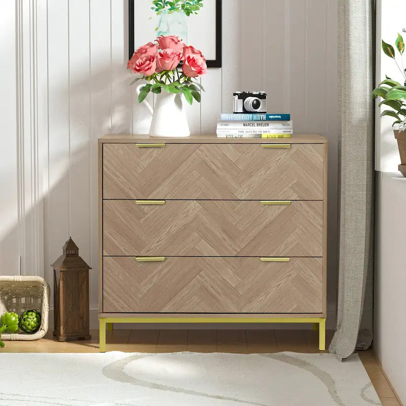 Anmytek Mid-Century Modern 3-Drawer Wood Dresser Natural Oak Chest of Drawers for Bedroom