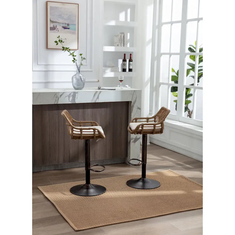 Set of 2 Swivel Upholstered Adjustable Counter Height Bar Stools With Footrest