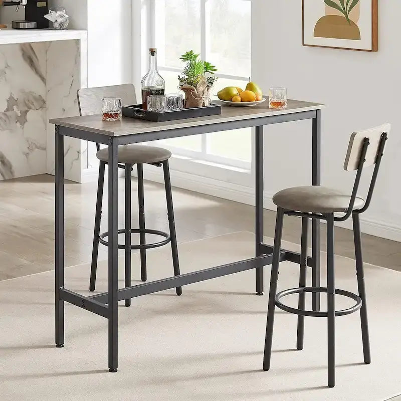 3 Pieces Bar Table and 2 Chairs Set, Industrial Style Bar Stools PU Upholstery Seat with Backrest