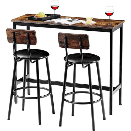 3 Pieces Bar Table and 2 Chairs Set, Industrial Style Bar Stools PU Upholstery Seat with Backrest