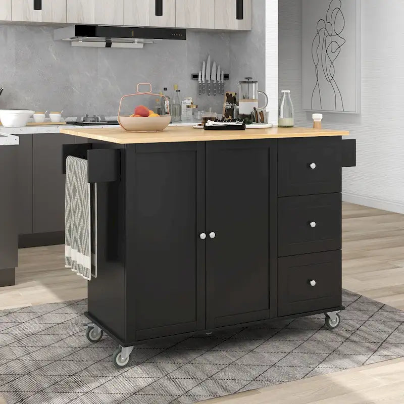 White Rolling Kitchen Island Solid Wood Top, Locking Wheels, Storage & More