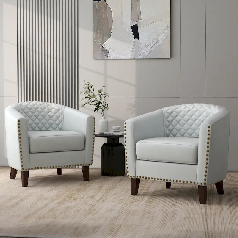 Faux Leather Tufted Nailheads Upholstered Barrel Accent Chairs