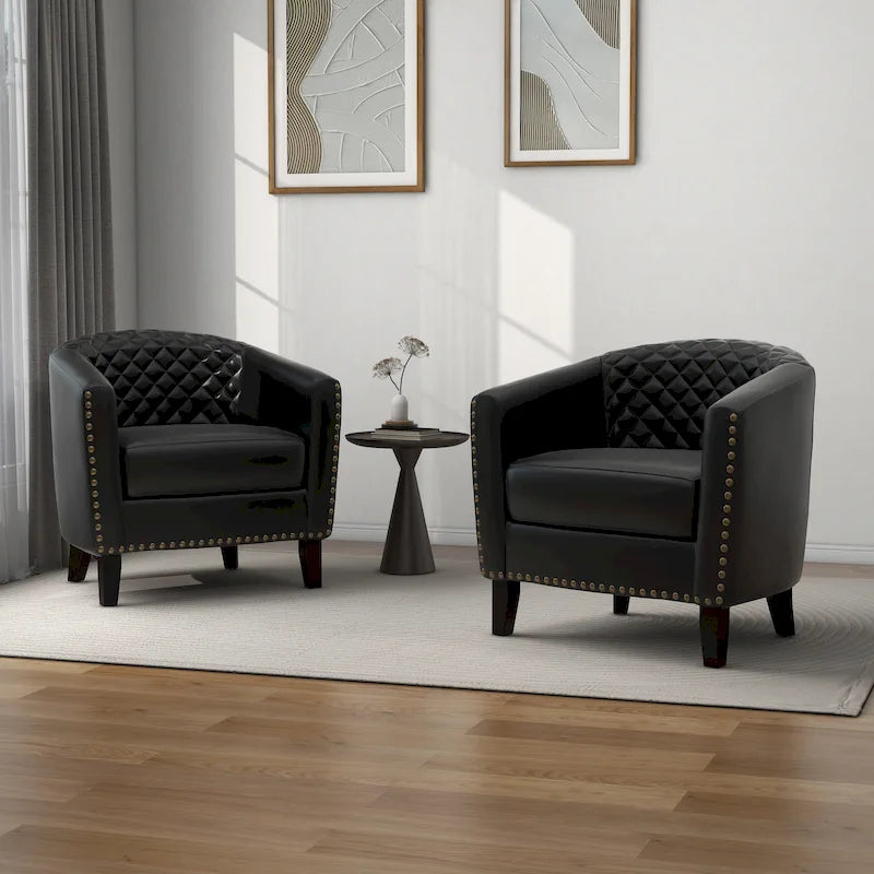 Faux Leather Tufted Nailheads Upholstered Barrel Accent Chairs