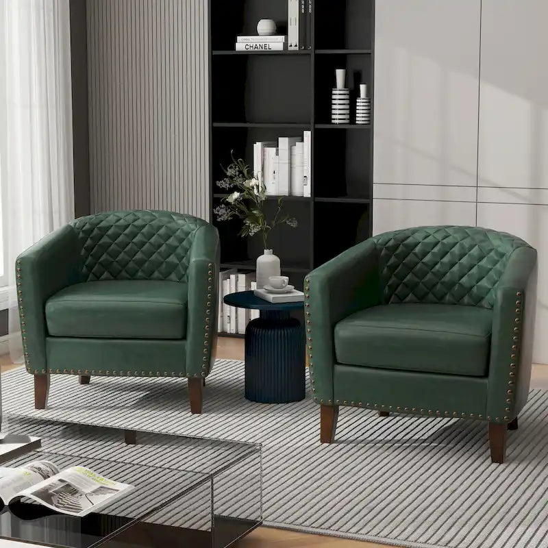 Faux Leather Tufted Nailheads Upholstered Barrel Accent Chairs