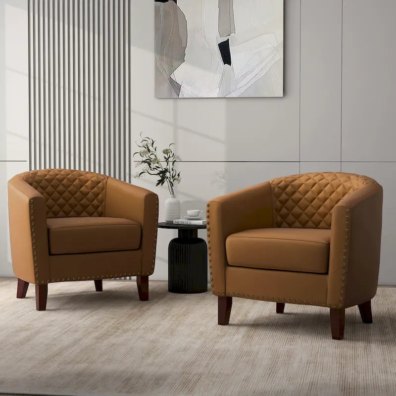 Faux Leather Tufted Nailheads Upholstered Barrel Accent Chairs
