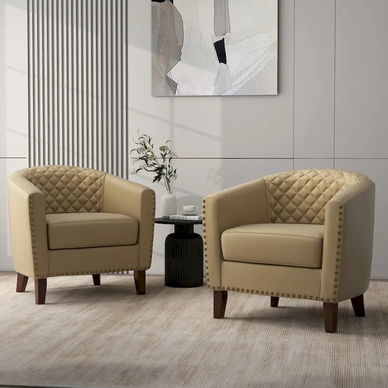 Faux Leather Tufted Nailheads Upholstered Barrel Accent Chairs
