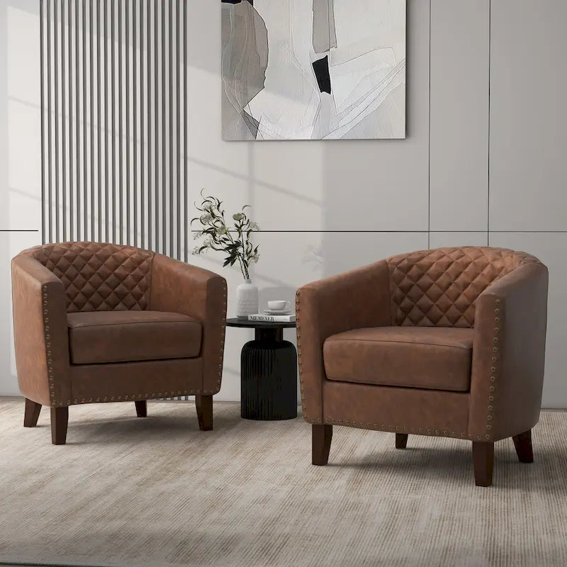 Faux Leather Tufted Nailheads Upholstered Barrel Accent Chairs
