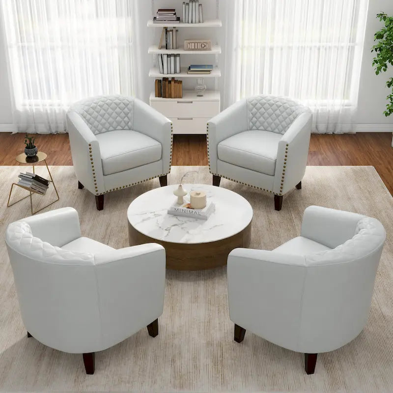 Faux Leather Tufted Nailheads Upholstered Barrel Accent Chairs