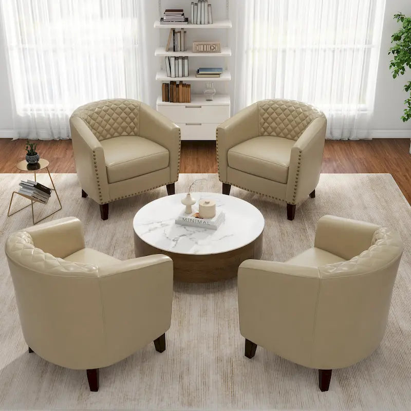 Faux Leather Tufted Nailheads Upholstered Barrel Accent Chairs