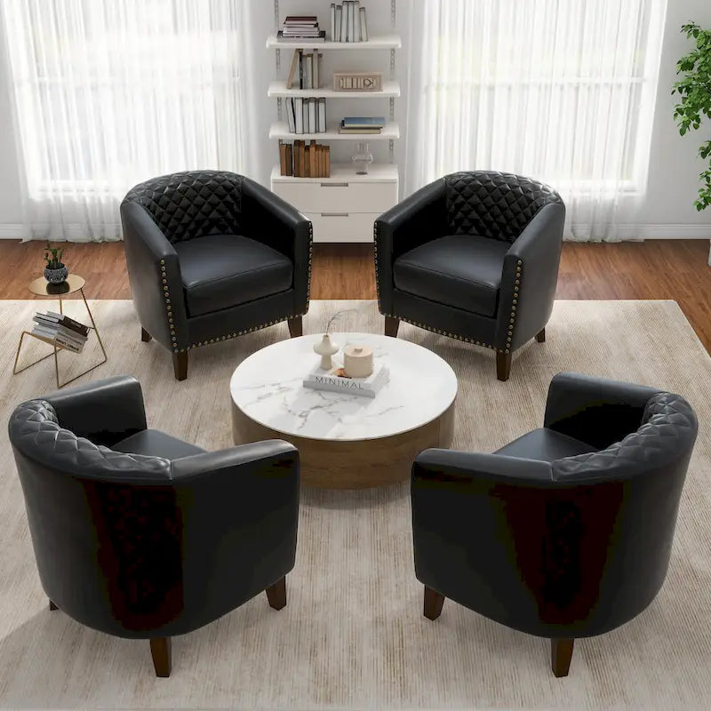 Faux Leather Tufted Nailheads Upholstered Barrel Accent Chairs