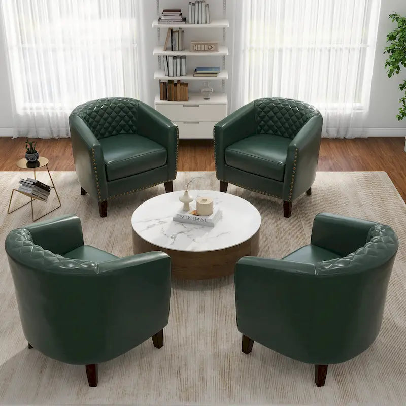 Faux Leather Tufted Nailheads Upholstered Barrel Accent Chairs