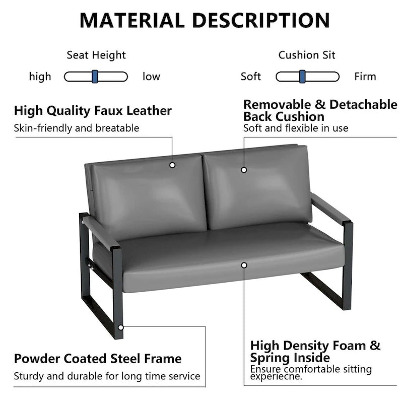 Mieres Mid-Century Style Faux Leather Loveseat Sofa with Steel Frame