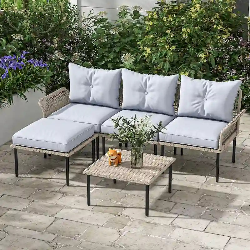 Outsunny 5 Piece Patio Furniture Set, Outdoor Conversation Set with L-Shaped Sofa, Cushions, for Backyard, Lawn and Pool