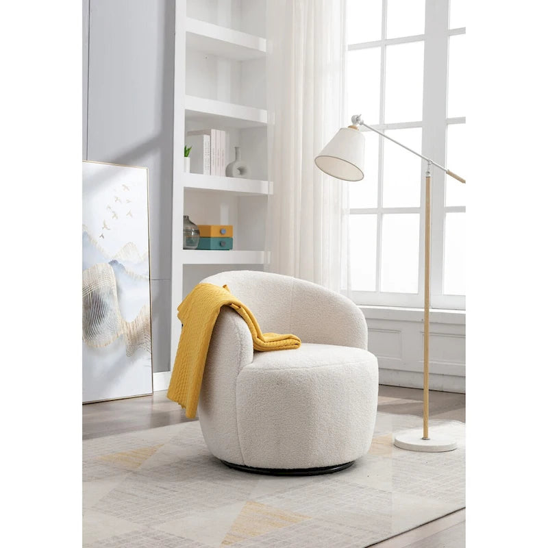 Swivel Accent Armchair Teddy Fabric Upholstered Barrel Chair with Black Point Round Swivel Metal Base