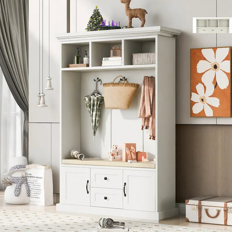 3-in-1 Design Hall Tree with 3 Hooks and Storage Bench - 47.24W x 70.9H x 15.74D