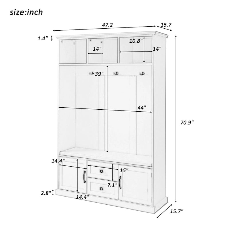 3-in-1 Design Hall Tree with 3 Hooks and Storage Bench - 47.24W x 70.9H x 15.74D